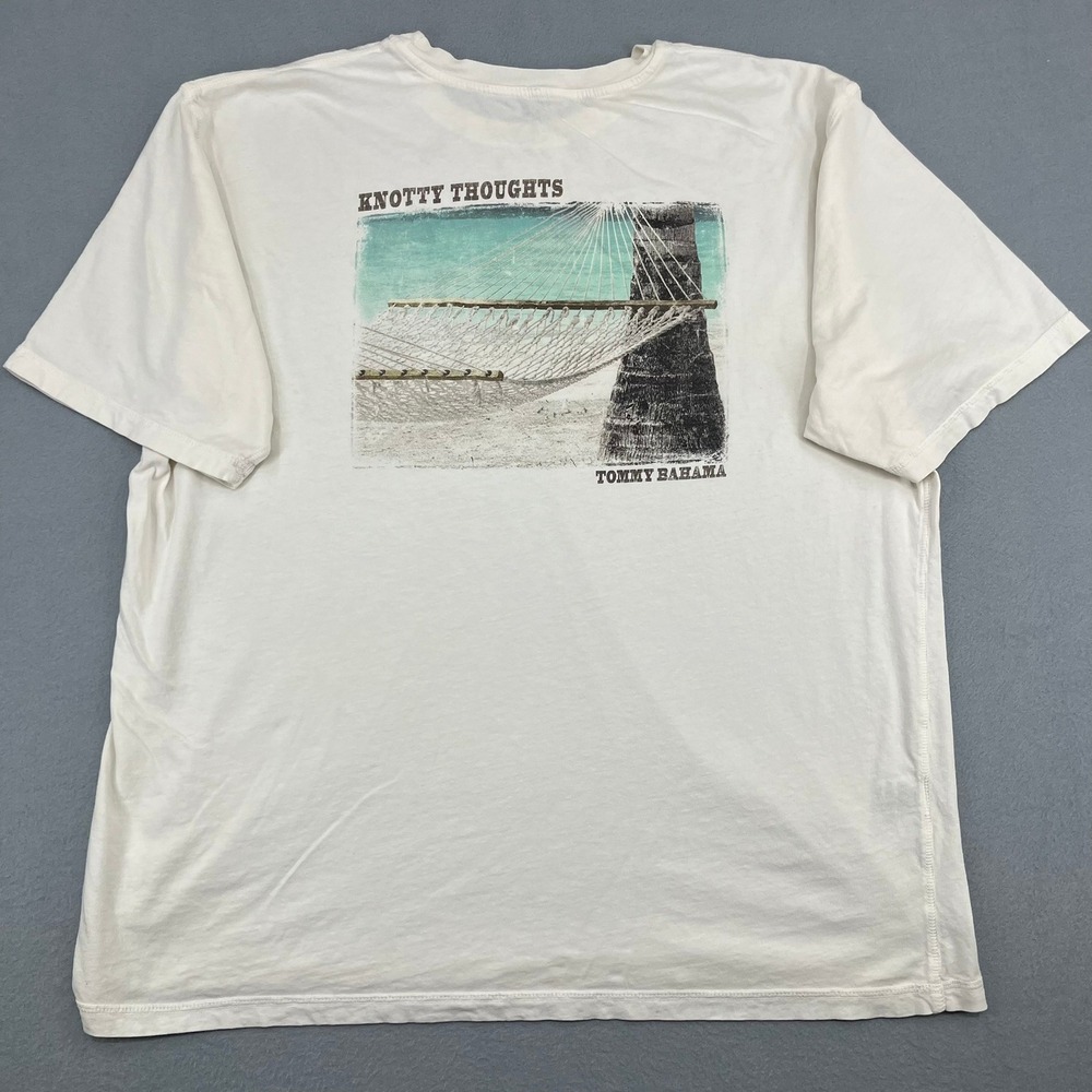 Tommy Bahama Relax Mens XL White Graphic T-Shirt Knotty Thoughts Hammock Marlin - Picture 9 of 13